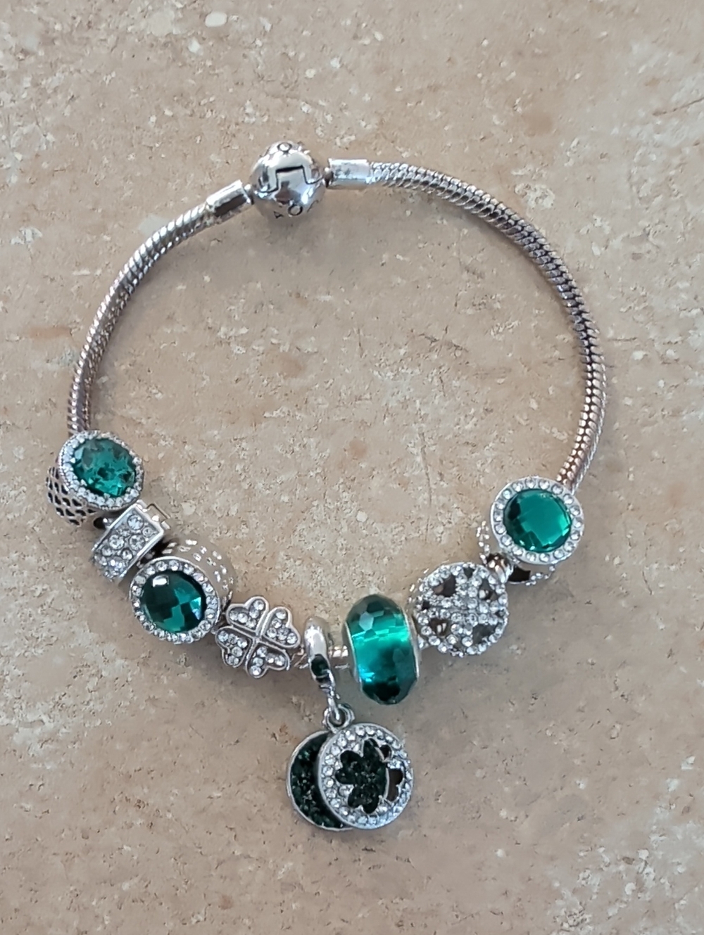 Pandora Silver Bracelet with Green Crystal Charms and Clover Dangle